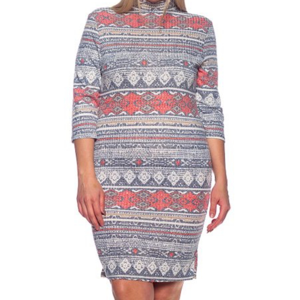 Hot Ginger Geometric Print Mock Neck Dress 3X
